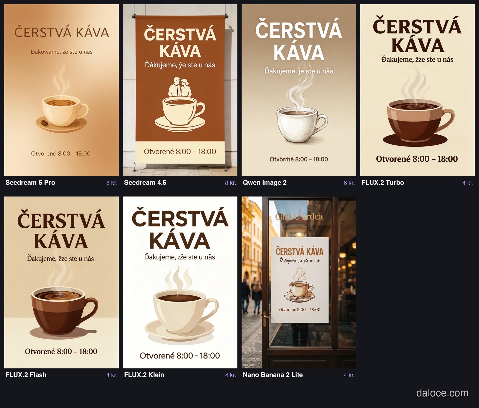 Sedem plagátov kaviarne s chybami v slovenskom texte